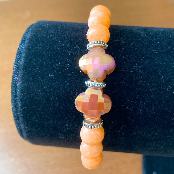 Coral Jade Stretch Bracelet with Faceted AB Crystals - Picture 3 of 4